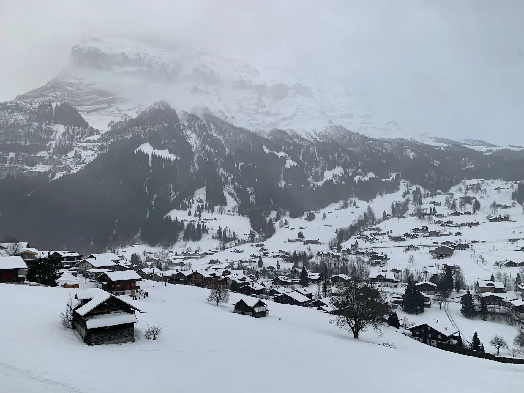 Snowy chalets of Grindelwald below a mountain wall hidden in cloud