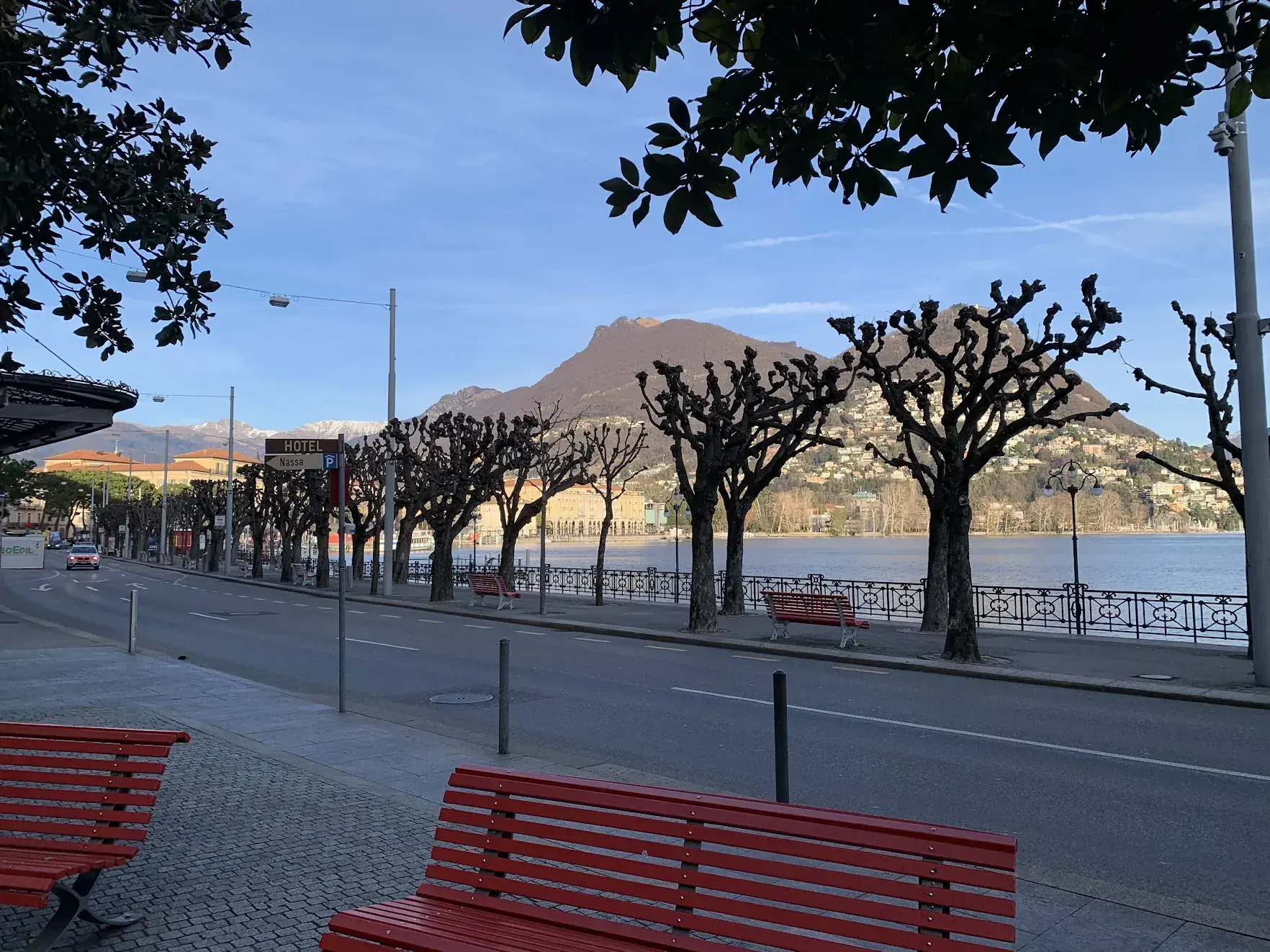 The Lugano lakefront promenade with red benches and pruned plane trees, below Monte San Salvatore