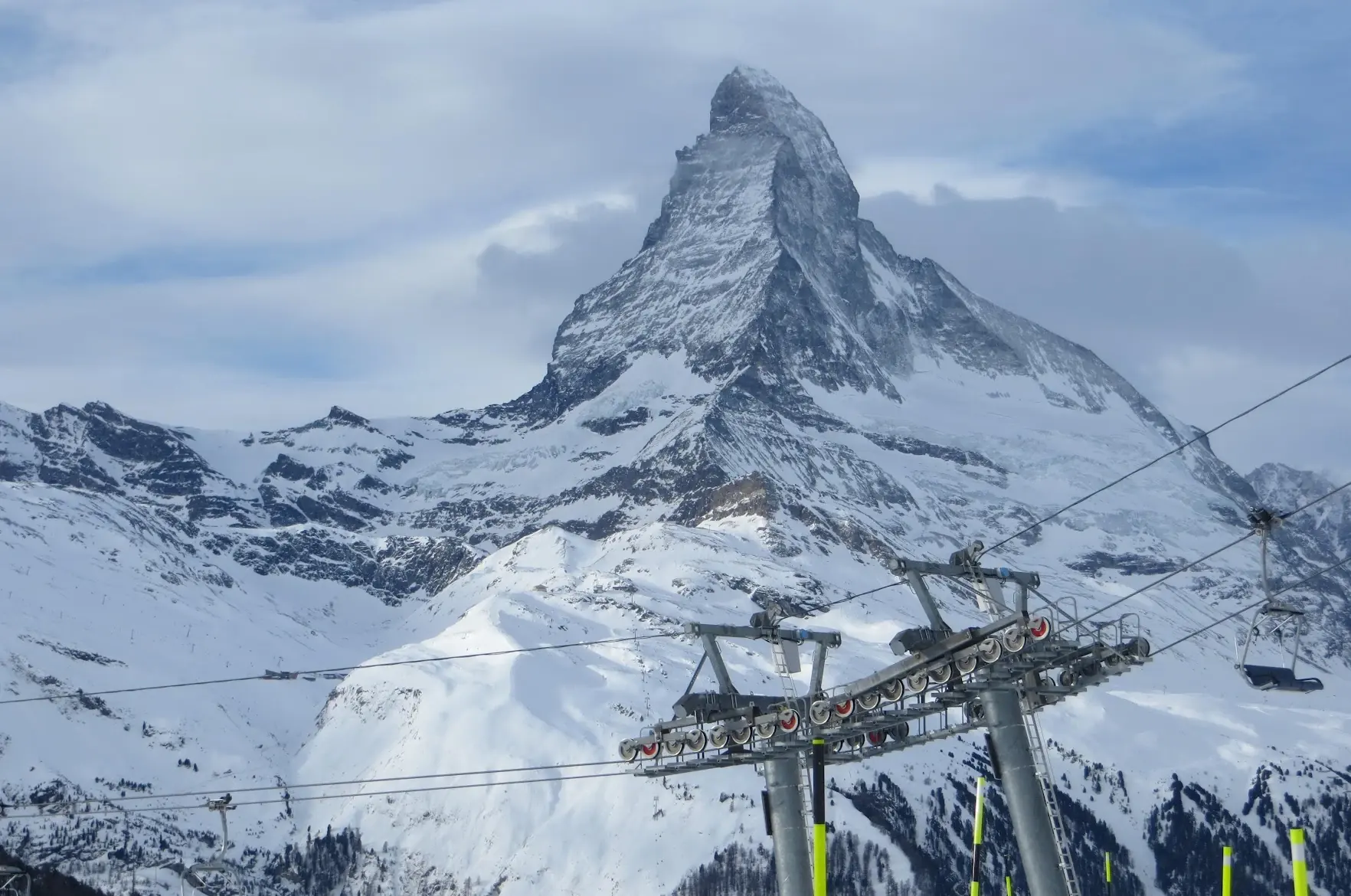 The Matterhorn behind a chairlift on the Zermatt ski slopes